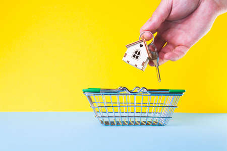 Acquisition of housing. Buying a house Getting the keys to the apartment. Keys in the grocery cart. Mortgage lending for the population.の写真素材