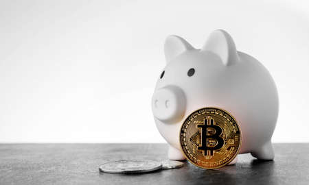 Piggy bank for bitcoin coins. Crypto currency bank. Accumulation of virtual money. Buying and selling virtual money on the stock exchange.の写真素材