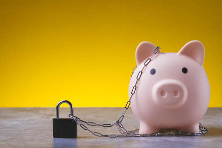 Closed piggy bank. Locked savings. The piggy bank is tied with a chain and locked. Money protection concept.の写真素材