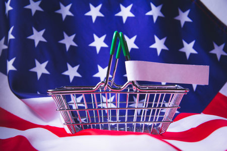 Food shortages in the United States. Empty grocery basket. There are no items in the store. America lacks food supplies. Trade closure and bankruptcy.の写真素材