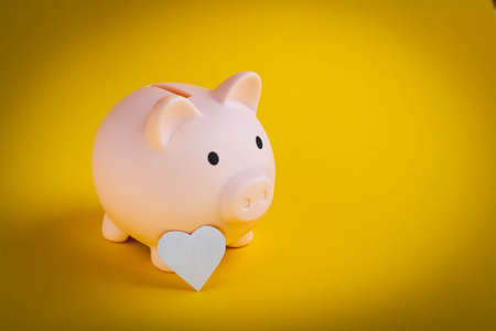 saving money. The hand puts a heart in a piggy bank. salary retention. Profitable investment. Health in the piggy bank. high quality photoの写真素材