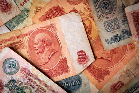 Soviet money. Old banknotes of Russia. Money fund. Treasury note backed by gold. Lenin on money. Payment in rubles.の写真素材