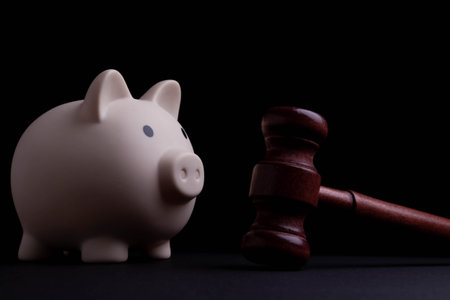 Closure of bank deposit. Seizure of savings account. Accumulation of funds. Judge's hammer and piggy bank.の写真素材