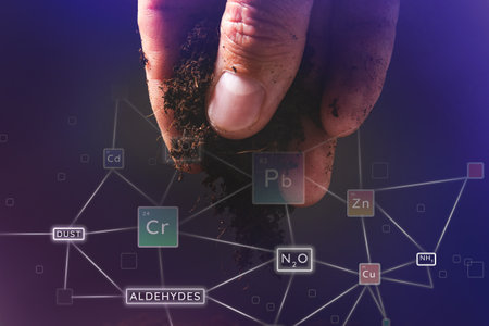 Soil contamination by chemical emissions. Harmful substances in soil. Disaster at factory. Environmental disaster. Harm to planet.の写真素材