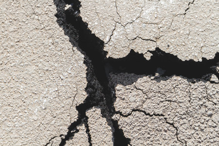 Ruins on road. Cracked asphalt. Deep crack in road. Faults in ground.の写真素材