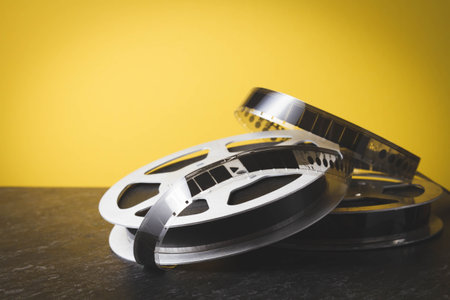 Old film. Cinema on reel. Analog cinema. Movie on cassette. Yellow background closeup.の写真素材