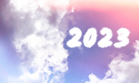 Text caption 2023 in clouds. Cloud-style text in sunny glare..の写真素材