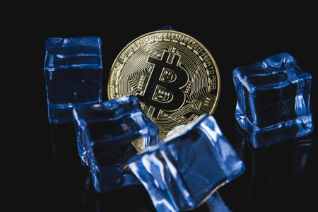 Ice and bitcoin coin. Freezing of cryptocurrency accounts. Frozen bitcoin coin..の写真素材