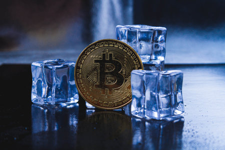 Ice and bitcoin coin. Freezing of cryptocurrency accounts. Frozen bitcoin coin..の写真素材