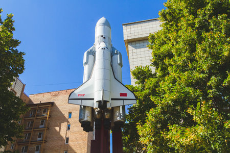 Monument Shuttle. Spaceship for space travel. Rocket in form of monument..
