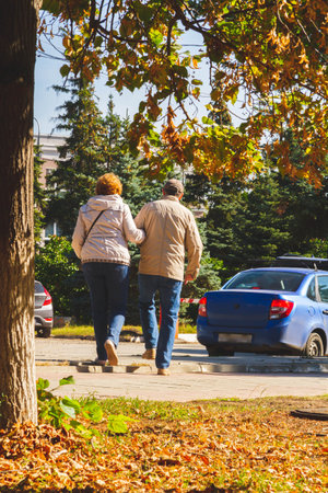 Elderly male and female couple walking through park holding hands..
