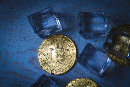 Ice and bitcoin coin. Freezing of cryptocurrency accounts. Frozen bitcoin coin..の写真素材