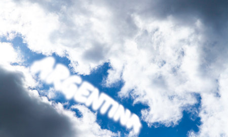 Lettering Argentina in the summer sky. Cumulus clouds on a blue background. Partly cloudy..
