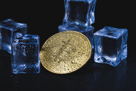 Ice and bitcoin coin. Freezing of cryptocurrency accounts. Frozen bitcoin coin..の写真素材