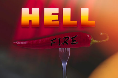 Hot chili peppers on fork. Extra spicy. Mexican food with pepper. Seasonings and spices. Hellish...