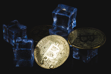 Ice and bitcoin coin. Freezing of cryptocurrency accounts. Frozen bitcoin coin..の写真素材