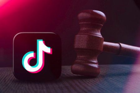 SAMARA, Russia - March 14, 2023: The judges hammer on the background of the logo of the TikTok...