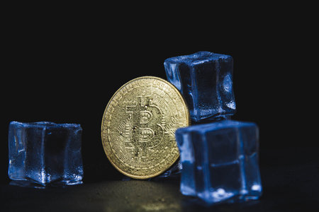 Ice and bitcoin coin. Freezing of cryptocurrency accounts. Frozen bitcoin coin..の写真素材
