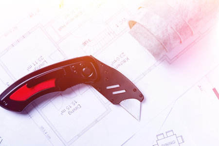 Building plan. Linoleum and flooring installation tools. Repair in the house..の写真素材
