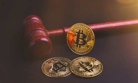 bitcoin judgment. Cryptocurrency fraud. Money theft while exchanging currencies. The conviction of the accused of stealing bitcoin. Judge and coin.の写真素材