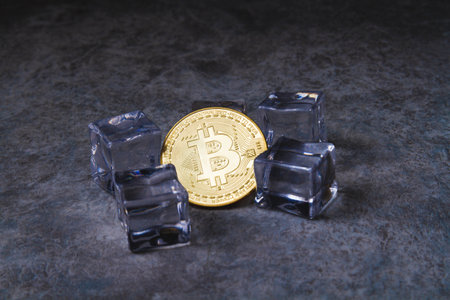 Ice and bitcoin coin. Freezing of cryptocurrency accounts. Frozen bitcoin coin..の写真素材