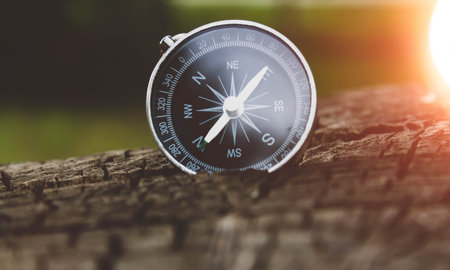 Travel and navigation. Determination of cardinal points by compass. Lost in the forest. How to find your way out with a compass. Tourists and maps.の写真素材