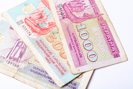 Old Ukrainian banknotes. Money of Ukraine out of circulation. Country currency. Rate drop.の写真素材