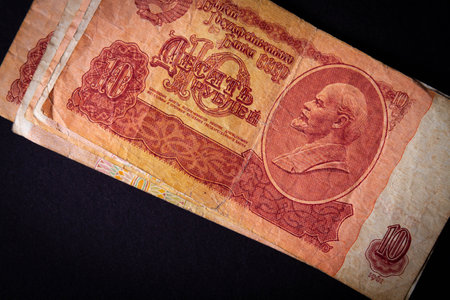 Soviet money. Old banknotes of Russia. Money fund. Treasury note backed by gold. Lenin on money. Payment in rubles.の写真素材