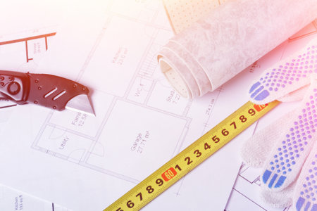 Building plan. Linoleum and flooring installation tools. Repair in the house..の写真素材