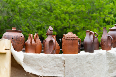 Exhibition of pottery. Pottery. Set of clay pots. The ancient art of making pottery..の写真素材