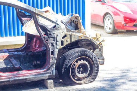 Burnt car. Electric car fire. Car after a fire..の写真素材