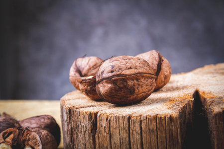 Walnut. Half walnut on natural background. Inshell nuts. Copyspace..の写真素材