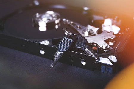 Saving user data. Closing access to files. HDD and key with lock.の写真素材