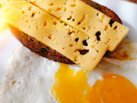 Freshly prepared scrambled eggs with the addition of grated cheese on a white plate. The dish is decorated with greens and served with a piece of whole grain bread and cherry tomatoes.の写真素材