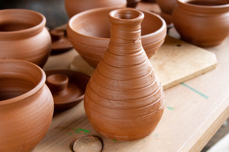Exhibition of pottery. Pottery. Set of clay pots. The ancient art of making pottery..の写真素材