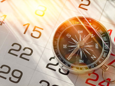 Compass on the calendar with the date of February 15の写真素材