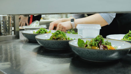 Salad at the counter of the restaurant. Vegetable salad. Industrial kitchen. The cook prepares a salad of fresh vegetablesの写真素材