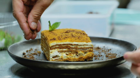 A piece of cake on a plate. The chef sprinkles the cake with chocolate chips. Sweet piece of cake. Delicious honey cake on a plateの写真素材