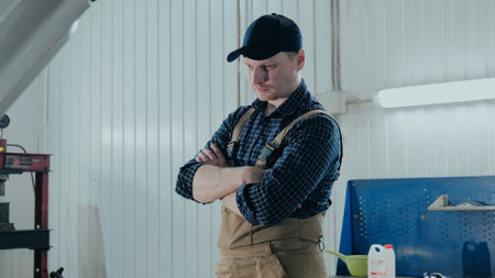 An auto mechanic stands with his arms folded in front of the open hood of a car. The mechanic looks under the hood of the carの写真素材