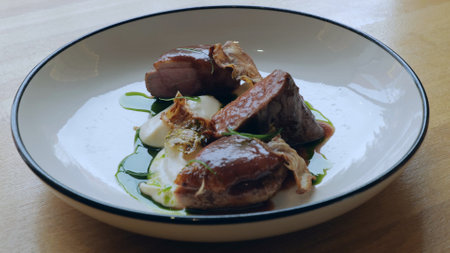 Close-up presentation of a delicious meat dish. Juicy roast beef steak. A professional chef in the...