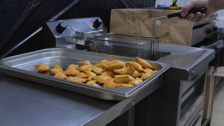 The process of frying chebureks in boiling oil. Pasties with meat fried in sunflower oil,...