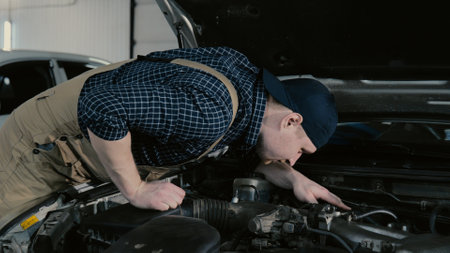 An auto mechanic inspects a car for damage. A mechanic diagnoses a car engine. Old car repairの写真素材