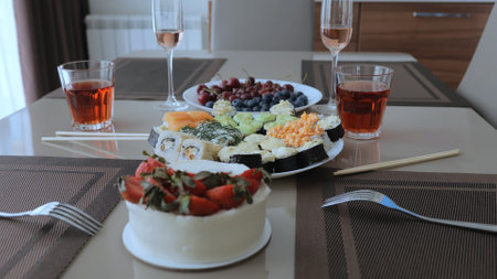 A huge number of types and options for food, as well as sushi with fruits and desserts. Various types of sushi on a white plate. Dinner for two with sushi and wine.の写真素材