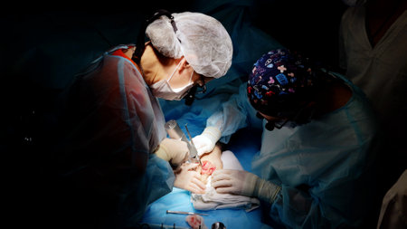 Skilled doctor performs microsurgery patient assisted by team modern medicine. Surgeon conducts operation with help assistants modern medical practice surgery collaborative efforts healthcare.の写真素材