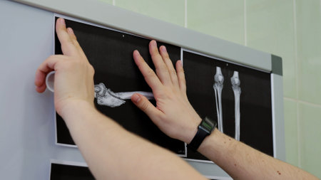 Physician is preparing to analyze an x ray scan on a medical light board in order to diagnose a patients conditionの写真素材