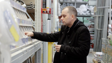 Male customer carefully searching metal components in hardware store drawer, selecting precise parts...
