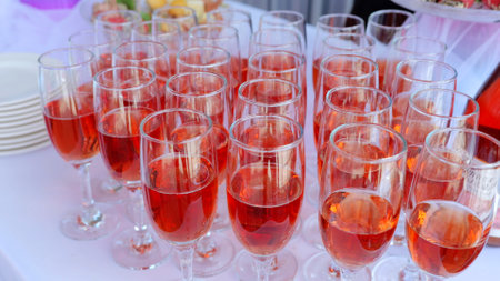 Sparkling rose wine glasses clustered on crisp linen, reflecting soft candlelight and signaling upcoming celebratory moment during elegant catered gatheringの写真素材