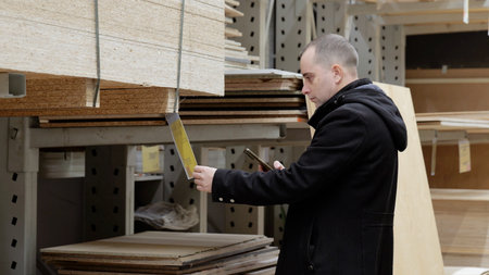 Carpenter browsing wooden boards in warehouse, scanning bar codes, comparing prices on smartphone while carefully examining lumber quality and specificationsの写真素材