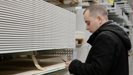 Construction professional reviewing building materials on smartphone screen, comparing drywall panels and plasterboard in warehouse storage area, selecting optimal supplies for projectの写真素材