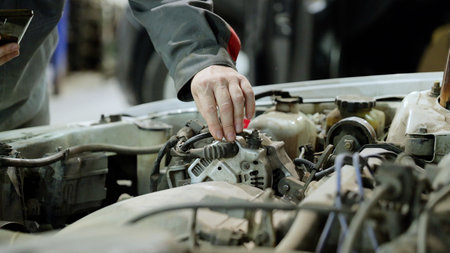 Professional mechanic checking engine parts, performing diagnostics and maintenance on a vehicle in a repair shop, ensuring optimal performance and roadworthinessの写真素材